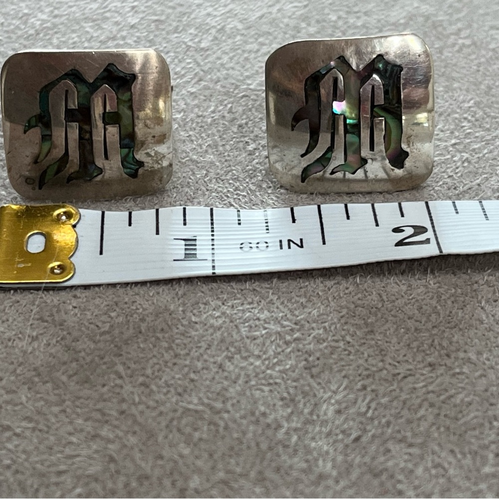 Vintage Rancho Alegre cuff links sterling silver abalone initial M, beautiful - Picture 8 of 8